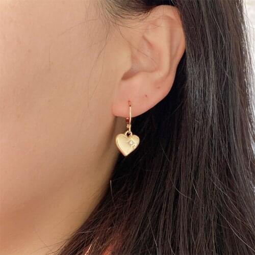 Lovely Cute Gold Color Plating Clear Stone Decorated Heart Charm Hoop Earrings For Women Girl Sweet Dainty Jewelry Accessory
