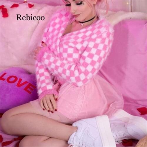 Cute Kawaii Girls Pink Plaid Cropped Cardigan Coat Women Autumn Winter Knitted Sweater Jacket Harajuku High Street Cardigan
