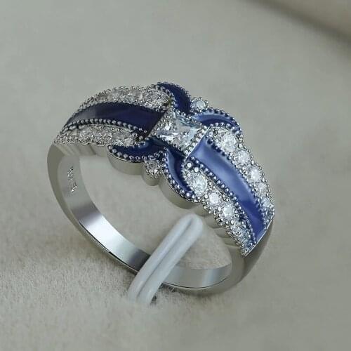 Fashion Women Rings Blue Epoxy Drop Inlaid Zircon Ring Fine Wedding Engagement Bands Bridal Gift Jewelry Accessories