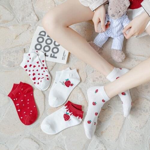 5 Pairs of 2021 New Socks Ladies Cute Short Socks Spring and Summer Boat Socks Love Strawberry Cute Sweet Trendy Womens Socks