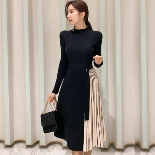 New arrival comfortable fashion thick warm dress temperamental work style patchwork knit elastic vintage elegant a-line dress
