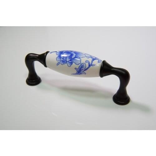 Wholesale 10pcs lot white-blue flower porcelain knobs and handles,door handles and knobs,kitchen handles