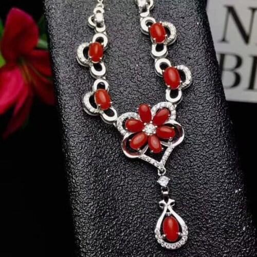 Natural red coral gem Necklace Natural Gemstone Pendant Necklace S925 sliver trendy Flower Water drop women wedding gift Jewelry