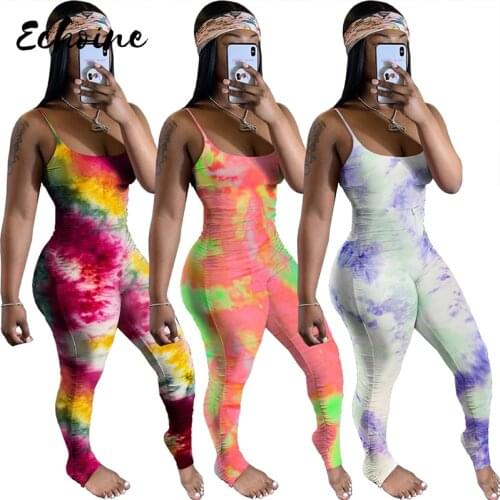 Tie Dye Pint Sexy Strap Bodycon Stacked Ruched Pleated Jumpsuit Women Skinny Club Outfits Rompers One Piece Skinny Playsuit XXL