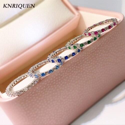 Luxury 925 Sterling Silver Wedding Vice Ring for Women One Row 3*3mm Gemstone Lab Aquamarine Ruby Cocktail Ring Fine Jewelry