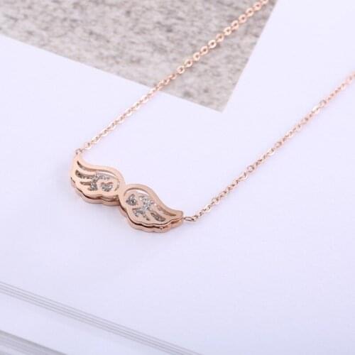 Pink gold color stainless steel crystal angel wing pendant necklace women, fashion cute necklaces pendants jewelry neckless