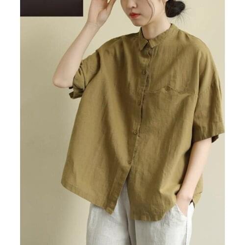Cotton Linen Women Shirts Solid Oversized Loose Vintage 2021 Summer Half Sleeved Turn-Down Collar Casual Female Outwear Tops