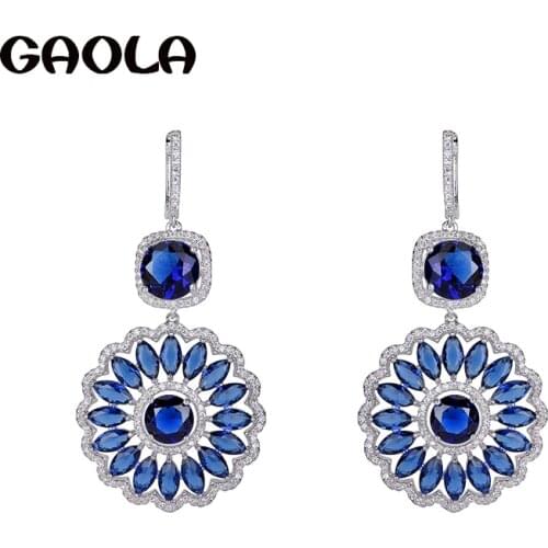 GAOLA Brand Jewelry Clear Cubic Zirconia Blue Flower Dangle Earrings For Women Bijoux GLE6247A