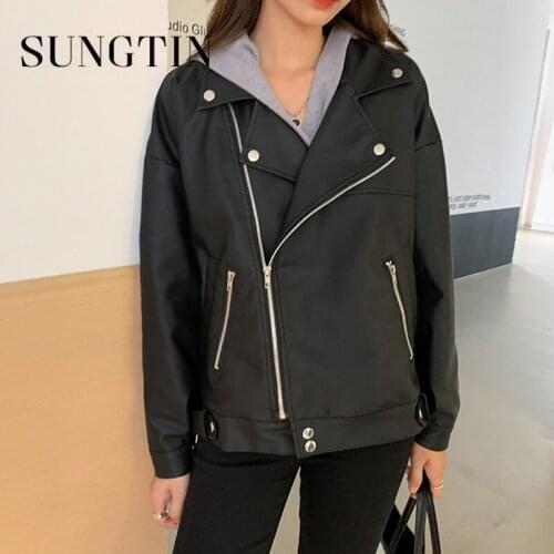 Sungtin Autumn Winter Vintage Loose PU Leather Jacket Women Oversized Fashion Biker Punk Faux Leather Coat Cool Streetwear 2021