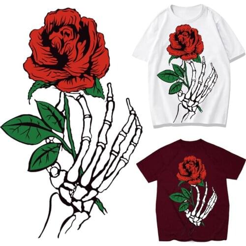 Red Rose Flower Patches Skull Hand Thermal Stickers on Clothes Iron-on Transfers for Clothing Thermoadhesive Patch Diy Applique
