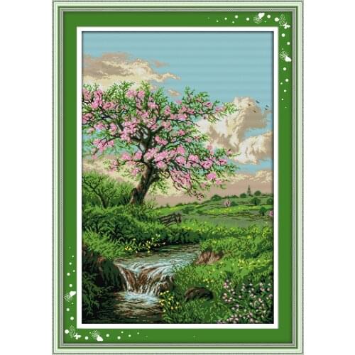 Everlasting Love The Peaches Blossom In Spring Chinese Cross Stitch Kits Ecological Cotton Printed 11CT DIY Wedding Decoration