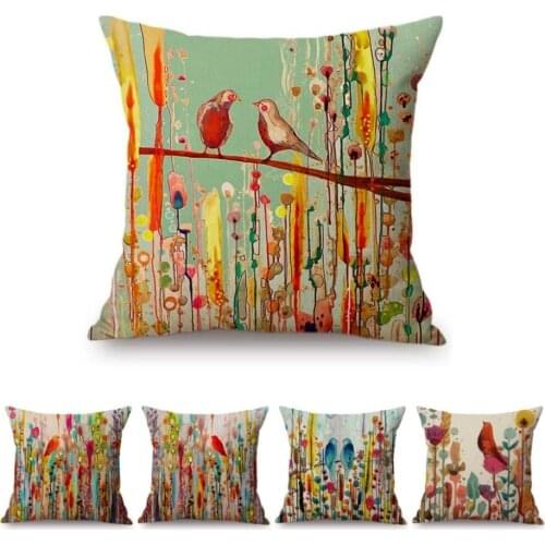 Green Grass Watercolor Colorful Floral Birds Painting Art Decoration Home Sofa Throw Pillow Case European Linen Cushion Cover