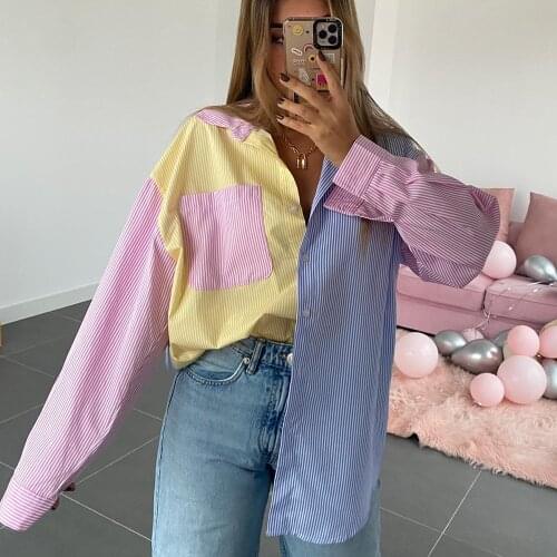 2021 Summer Women Oversize Streetwears Patchwork Striped Print Shirt Female Long Sleeve Single Breasted Shirts Ladies Blouse