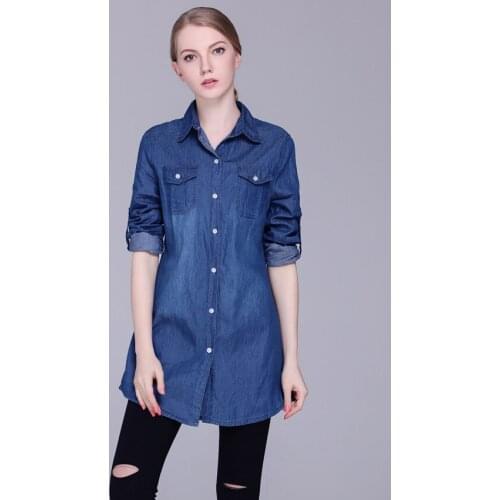 BYUAN Long Women Blouse and Shirts Blue Cotton Denim Tops 2018 Autumn Long Sleeve Blouse Solid Turn Down Collar Ladies Blouses