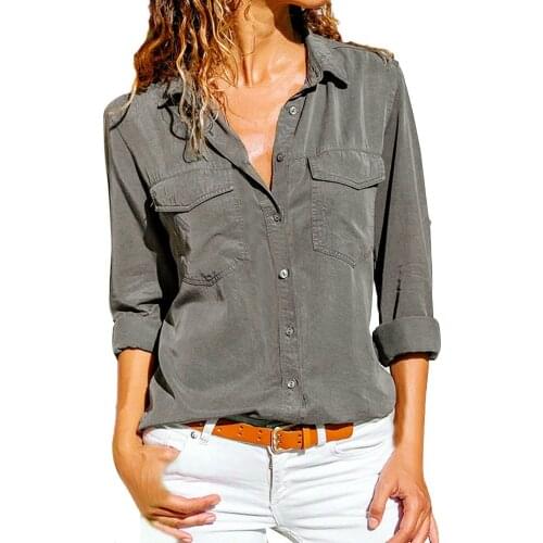 Women Button Up Shirt Turn Down Collar Long Sleeve Pockets Shirt Maglia Donna Casual Solid Slim Shirts Blouse Oberteile Damen