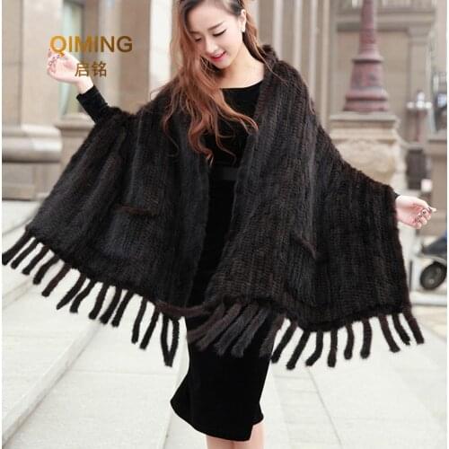 Women Real Mink Fur Shawl Knitted Big Size With Tassels Female Real Fur Capes and Wraps Pashmina Luxury Winter Scarf Coats