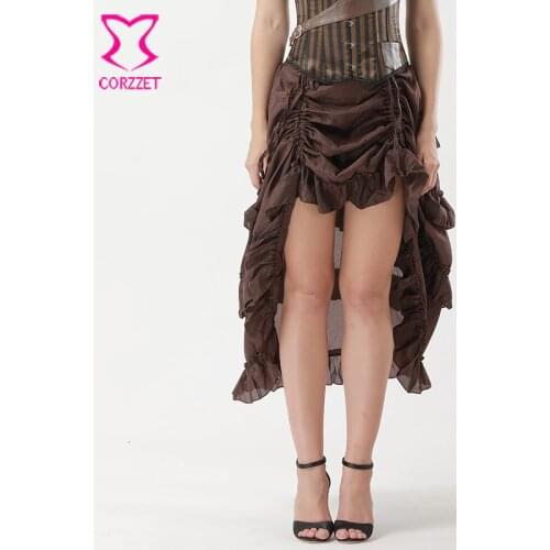 S-6XL Vintage Steampunk Skirt Brown Chiffon Ruffles Gothic Victorian Skirt Plus Size Adjustable Front Length Skirts For Women