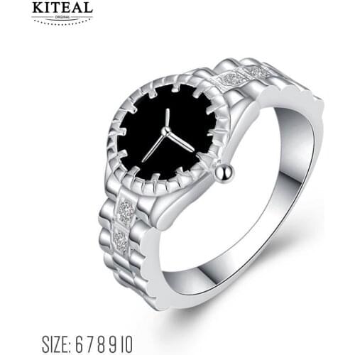 Watch shape Rings for Women Cubic Zirconia Black Ring Female Silver Color Fashion Jewelry Decorating Dropshipping 925 stamp