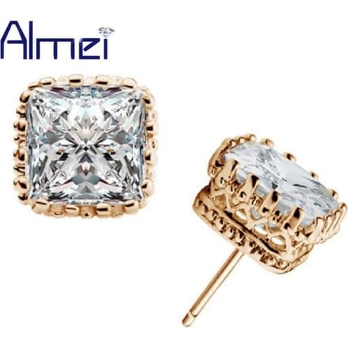Almei Punk Square Earring Women Pink Crystal Fashion Cute Jewelry Gold Color Earrings Brincos boucle d'oreille femme 2017 BME13