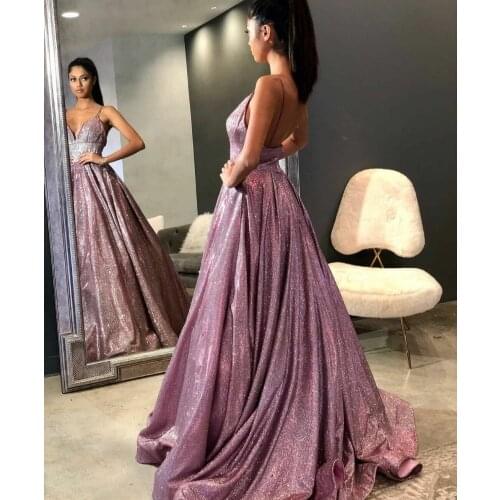 Sexy Long Pink Glitter A-Line Evening Dresses with Pockets Floor Length Open Back Abendkleider Formal Party Dress for Women