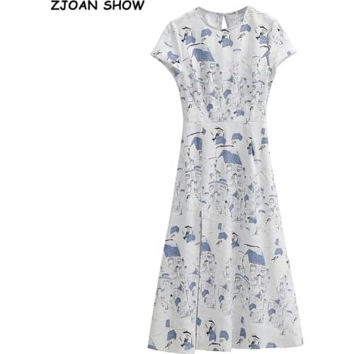 2021 Summer Retro Short Sleeve White Print Backless Dress for Woman Hollow Out Back Hem Slit Midi Dresses Holiday