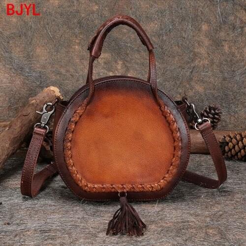 2020 Retro Niche Leather Women Handbag Female Shoulder Messenger Bag Personality Tassel Small Round Bags Head Layer Cowhide Soft