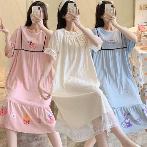2021 Summer Short Sleeve Cotton Nightgown for Women Cute Lace Long Dress Sleepwear Loose Nightdress Home Dress Night Gown Nighty