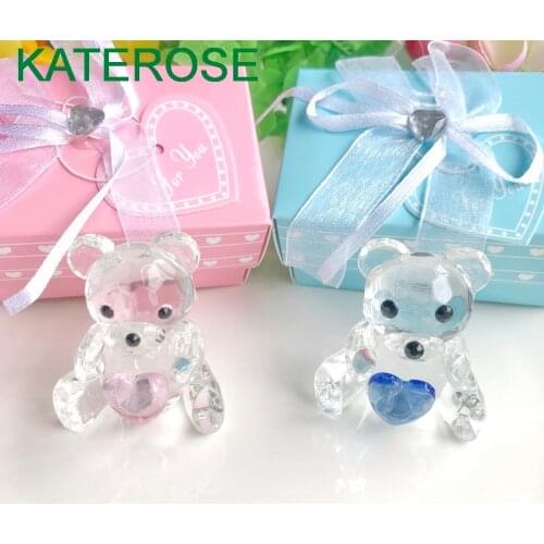 50PCS Pink/Blue Crystal Teddy Bear Figurine In Gift Box Perfect For Baby Shower Favors Newborn Christening Baptism Gift To Guest