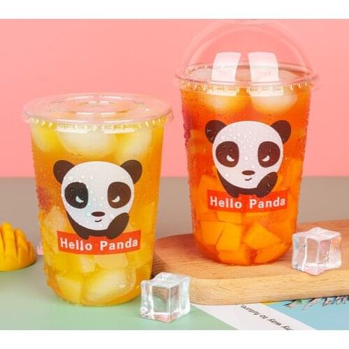 50pcs High quality creative panda pattern disposable coffee cup 500ml transparent cute party milk tea juice water cup with lid
