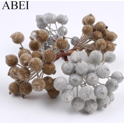60pcs/lot 15mm Double Heads Artificial Glass Flower Stamens Gold Silver Berries Fake Floral Cherry Wedding Christmas Decoration