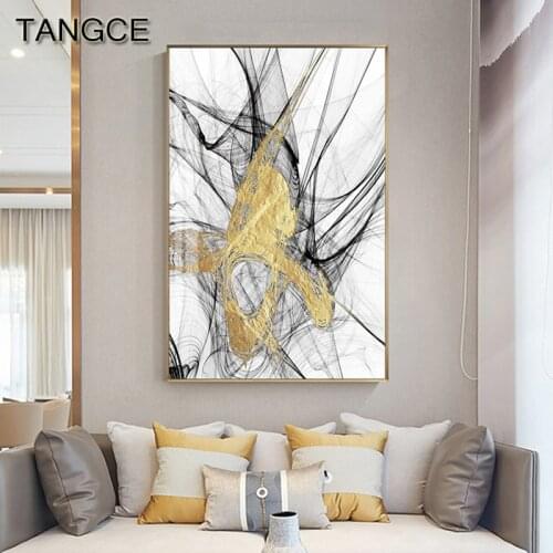 Abstract Canvas Painting Black Lines Golden Wall Art Poster Print Contemporary Art Wall Pictures for Living Room Bedroom Decor
