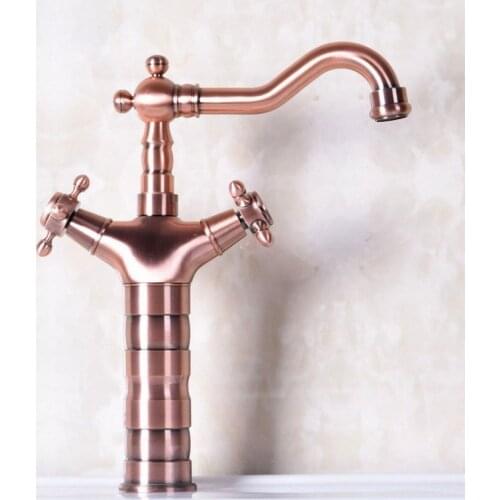 Antique Red Copper Brass Dual Cross Handles Bathroom Kitchen Basin Sink Faucet Mixer Tap Swivel Spout Deck Mounted mnf128
