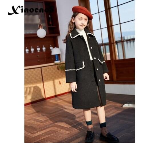 6-16 Years Girls Plus Cotton Woolen Long Coat Kids Thick Winter Overcoat 2021 Autumn Teenage Girls Outerwear Black Cute Parka