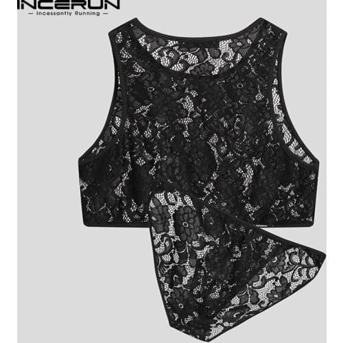 INCERUN Men Pajamas Sets Mesh See Through Lace Homewear O Neck Sleeveless Tank Tops & Brief 2021 Sexy Men Sleepwear Suits S-5XL