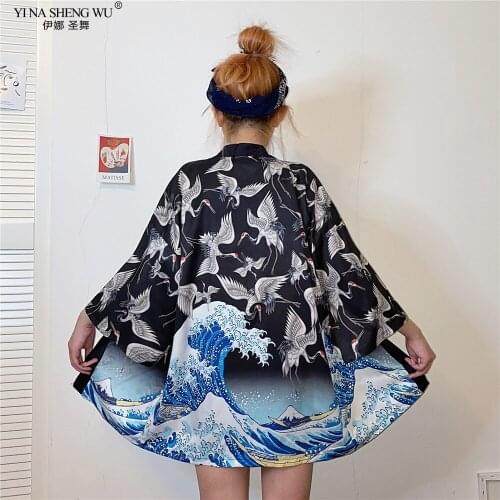 2020 Crane Print Janpanese Kimono Cardigan Women Men Japanese Style Obi Yukata Black Haori Traditional Blouse Summer Beach Coats
