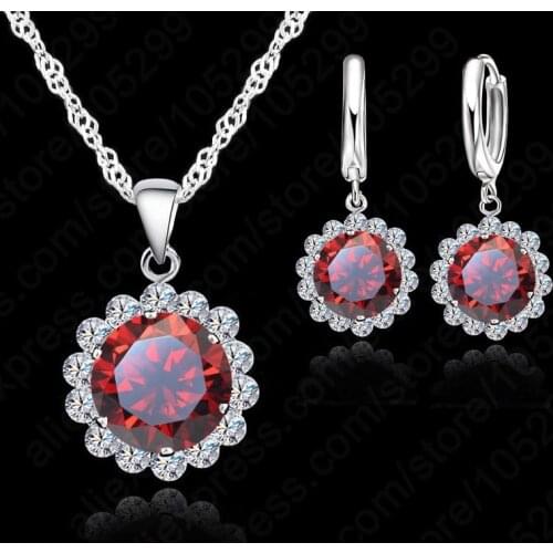 7 Colours Women Wedding Engagement Flower Jewelry Set 925 Sterling Silver Cubic Zircon Necklace Pendant/Earrings Set