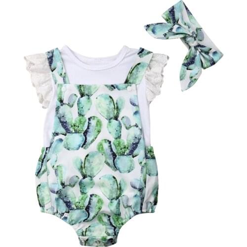 Citgeett Summer 2PCS Newborn Infant Baby Girls Outfit Lace Sleeve White T-shirt Tops+Shorts Green Cactus Bodysuit Set