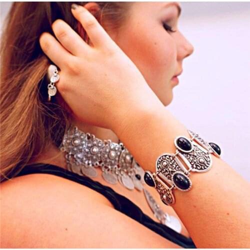 MISANANRYNE Bohemia Style tibetan silver Color carved black stone beads chain bracelets coin charms bracelet turkish jewelry