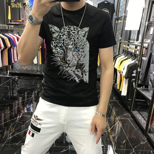 New 2021 Design Summer Casual T-Shirt Mens 100% Cotton Breathable High Quality Hot Diamond Jaguar Pattern Street Short Sleeve T