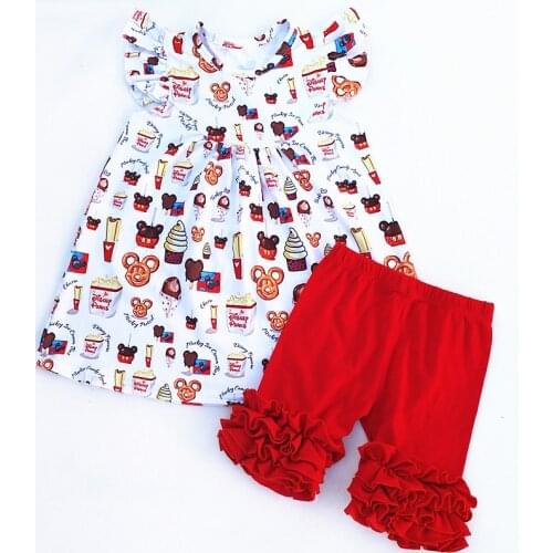 2018 latest mickey Ice cream printing frock dress and ruffle pants wholesale childrens boutique Milk Silk clothing set pretty g