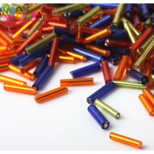 OlingArt Glass seed beads Mixed Color 400pcs Silver color Lined Bugle Bead 9x1.8mm Tube DIY Bracelet jewelry making