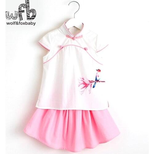 Retail 2-8 years girls cotton two-piece suits spring fall autumn summer Classical Cheongsam Pastoral Style painted