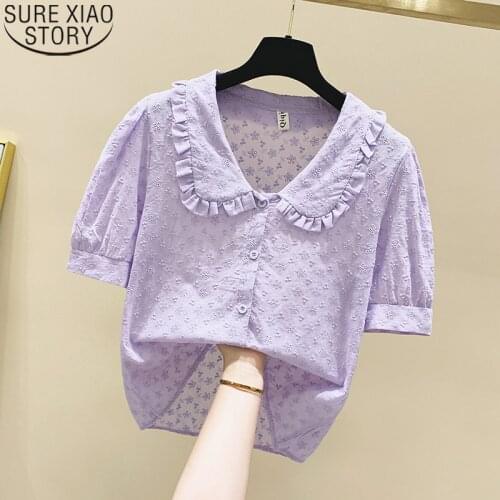 Ruffles Short Sleeve Shirt New 2021 Sweet Tops Women Summer Blouse Peter Pan Collar Casual Hollow Blouse Puff Sleeve Shirt 14954