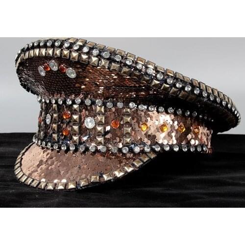 Women Men Military Hat With Diamond Police Hat Handmade Performance Captain Hat Adult Part Hat