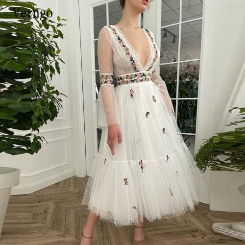 Verngo 2021 New Ivory Polka Dotted Tulle Prom Dresses Printed Floral Sheer Long Sleeves V Neck Tea Length Evening Party Gowns