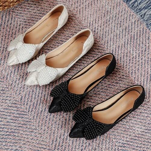 String Bead bow-knot ballet flats woman pointed toe loafers embroider lace pearl sneakers women shoes plus size 42/43 moccasins