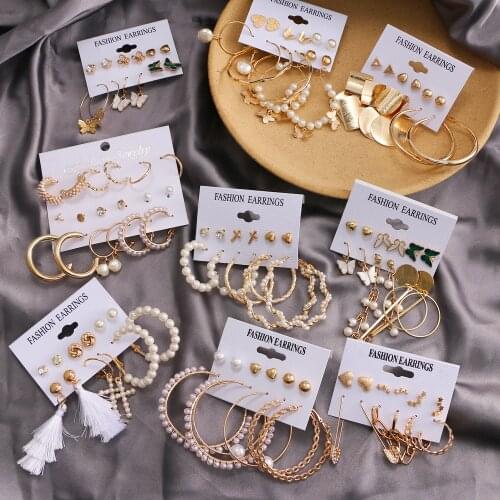 FNIO 2021 Fashion Gold Hoop Earrings Set Women Geometirc Pearl Earrings Metal Circle Punk Earring Female Fashion Jewelry