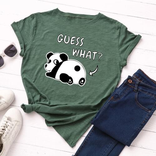 Women Short Sleeve Cotton T-Shirts Graphic Tees Summer Tee Tops for Female Loose Casual Oversized Clothes Funny Guess What Panda