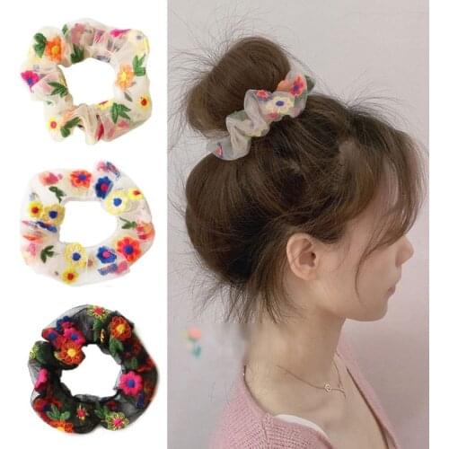 2Pcs Colorful Embroidery Daisy Flower Transparent Yarn Elastic Hair Bands Organza Hair Scrunchies Women Hair Accessories