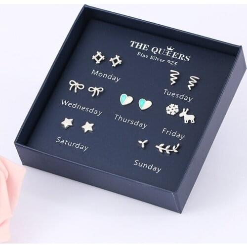 7Pairs/set fashion 100% real 925 sterling silver stud earrings for women pure S925 silver earing jewelry gift for female girls